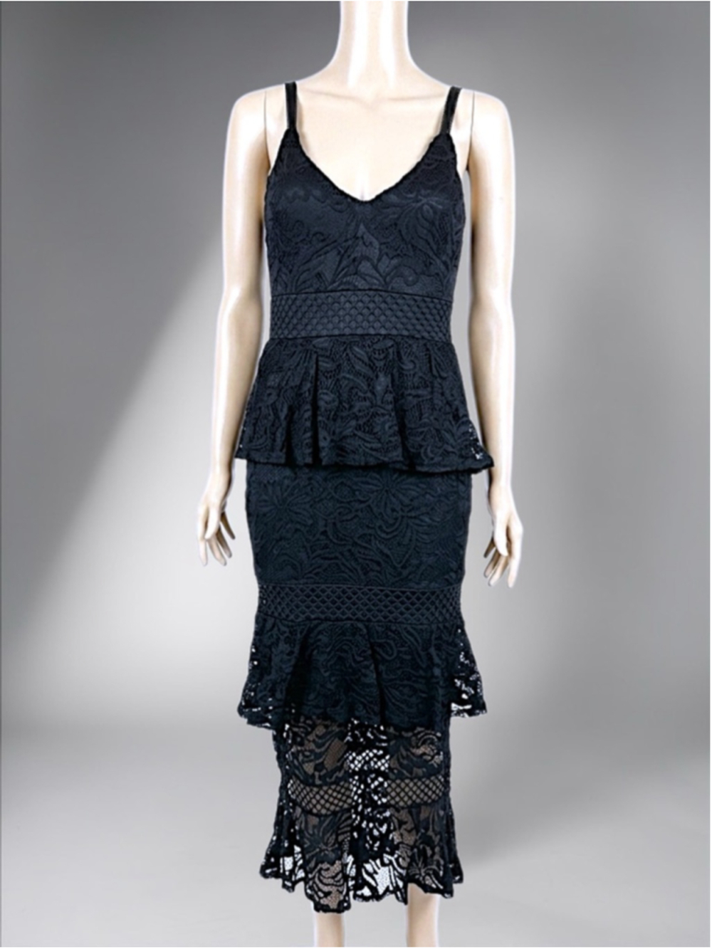 Little Mistress Black Lace Ruffle Midi Dress – Size 6 - Picture 11 of 14